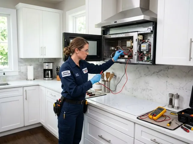 Appliance Repair Hero technician testing an over-the-range microwave in a Anacortes, WA kitchen